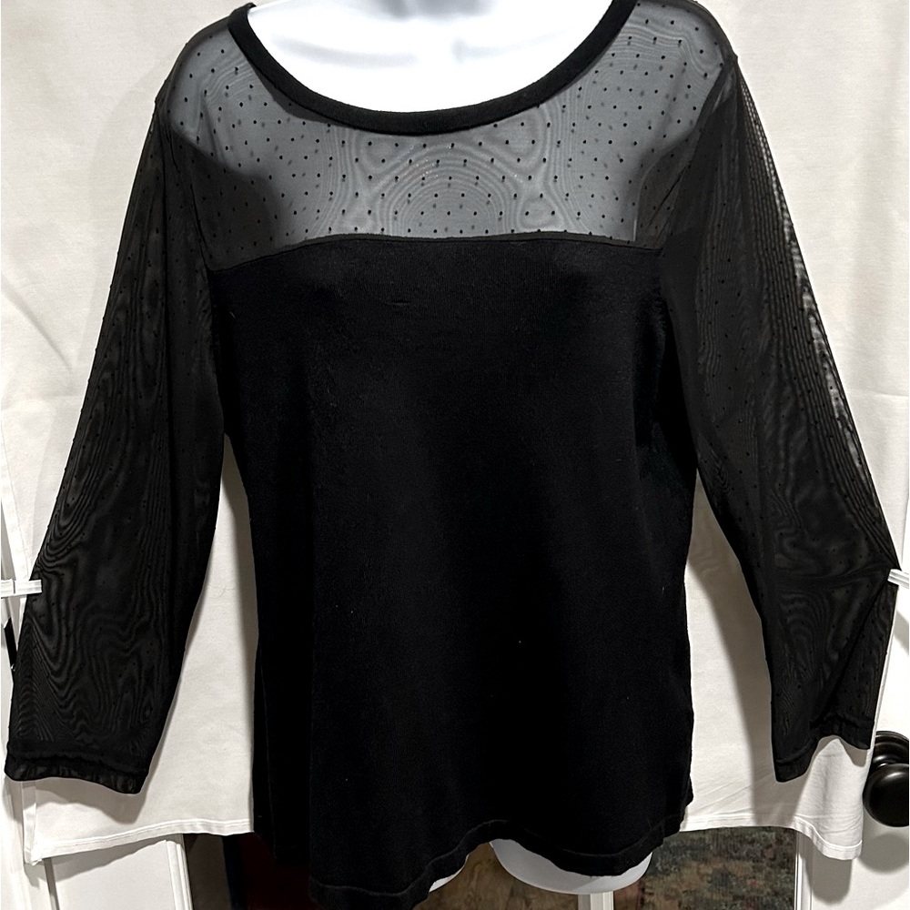 AUGUST SILK XL black dress shirt w/ sheer material on top and arms, women’s.